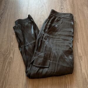 Anthropologie Women's Green Brown Satin Cargo Joggers Size Medium Silky Cropped